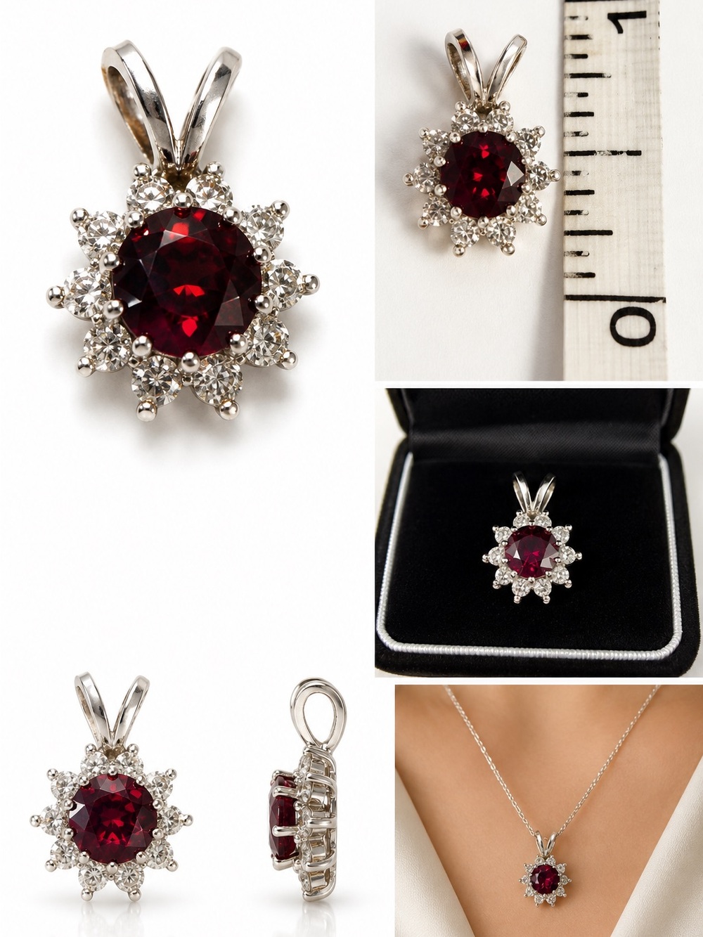14kt white gold Rhodolite Garnet & natural diamond Halo Pendant